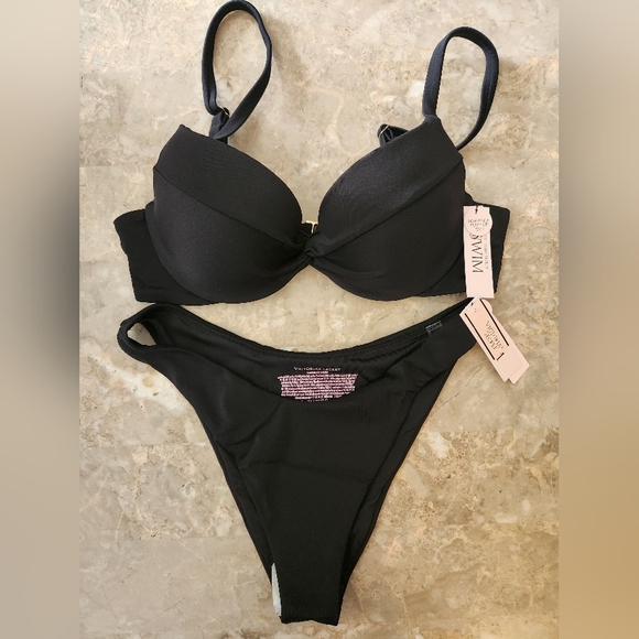 38C/XL VS Swim Twist Removable PushUp Bikini Top Brazilian Bikini Set Black - Picture 1 of 5